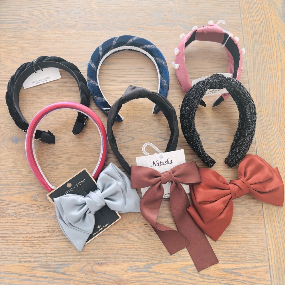 9 Piece Women’s Hair Accessory Lot New Pink Black Blue Brown Gray Hearts Bows